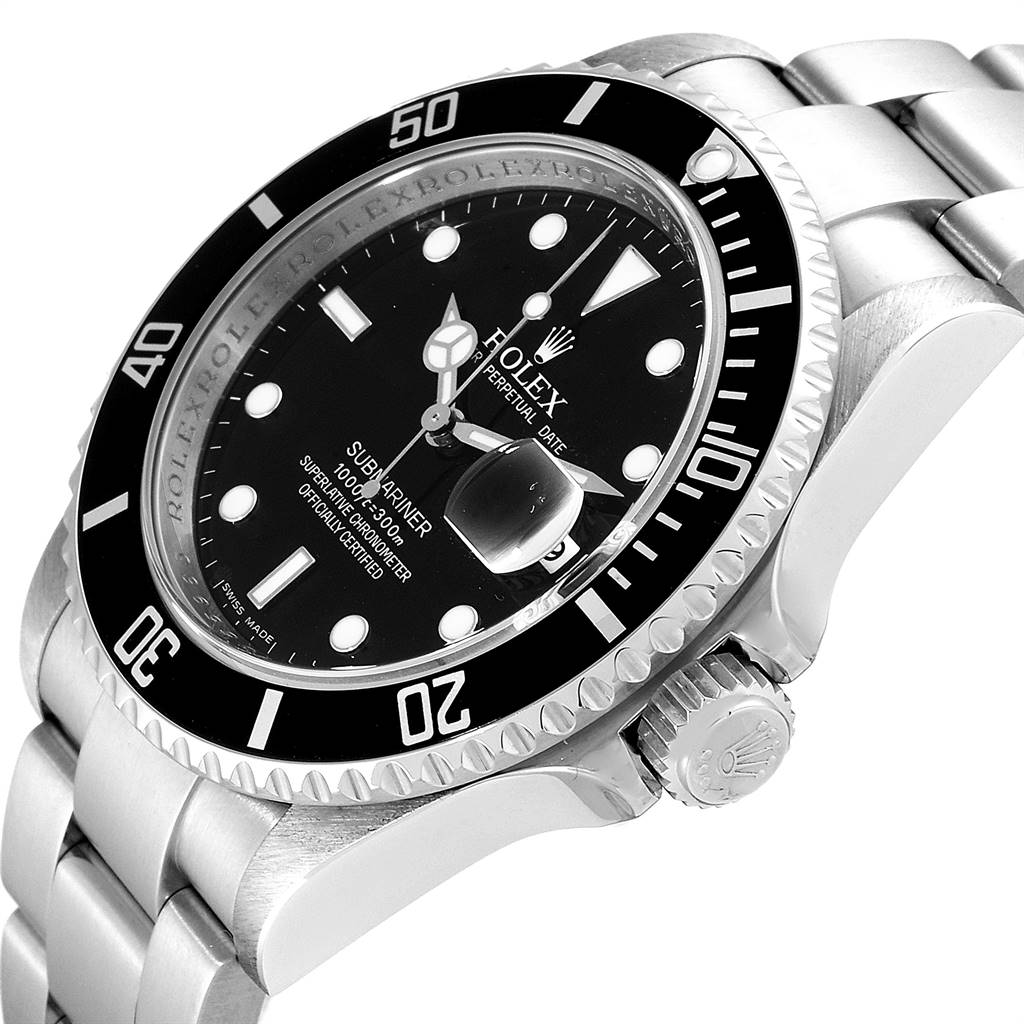 The image shows a close-up, angled view of the Rolex Submariner 16610 Men
s Stainless Steel Black Dial 16610 Men
s Stainless Steel Black Dial watch, highlighting the dial, bezel, and part of the bracelet.