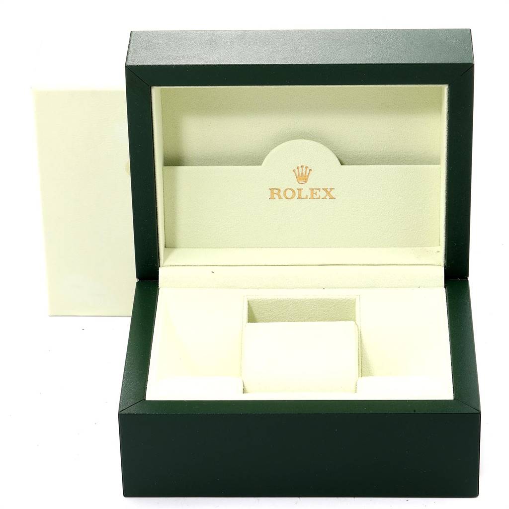 The image shows an open Rolex Submariner 16610 Men
s Stainless Steel Black Dial 16610 Men
s Stainless Steel Black Dial watch box, displaying the interior with the Rolex logo.