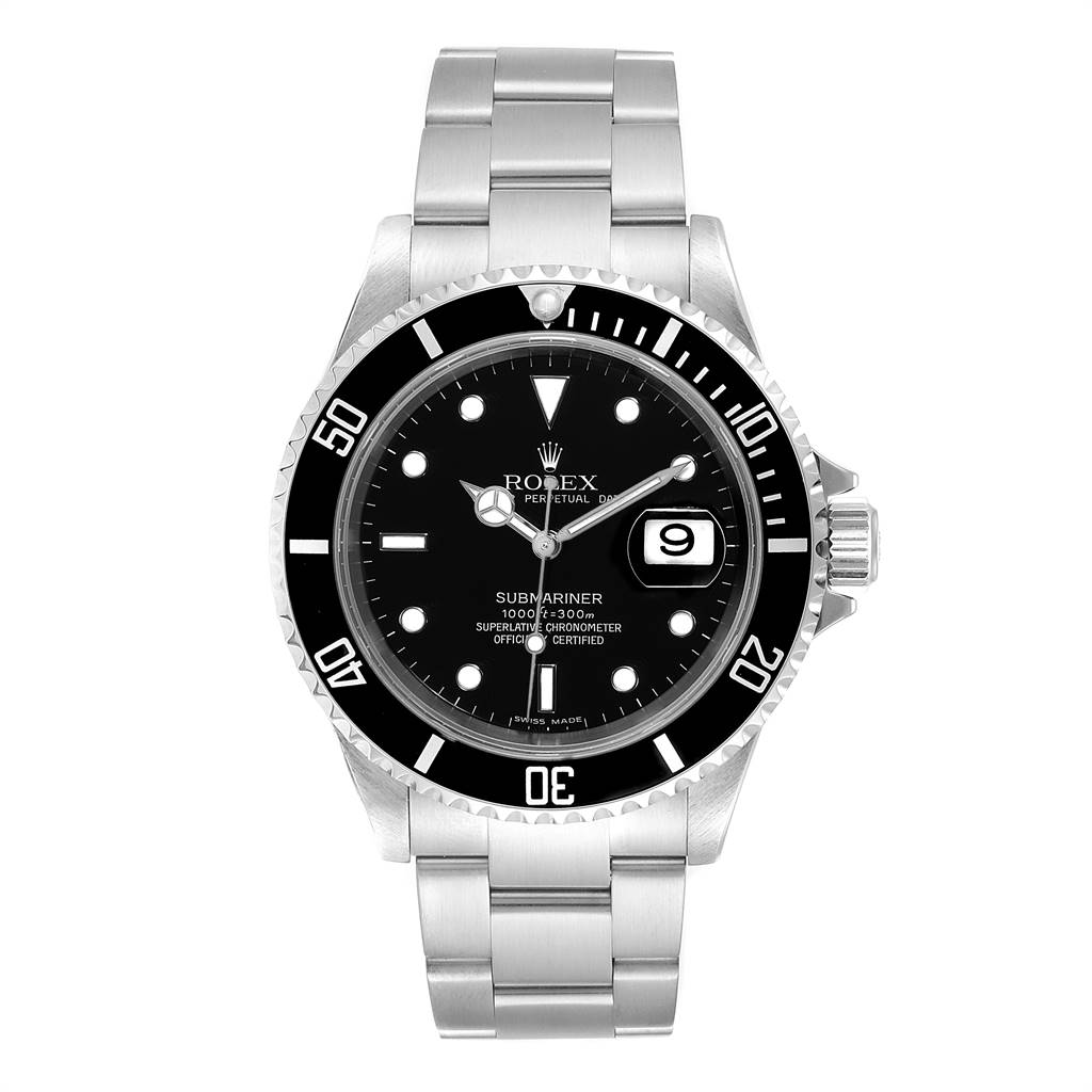The Rolex Submariner 16610 Men
s Stainless Steel Black Dial 16610 Men
s Stainless Steel Black Dial watch is shown from the front, displaying the face, bezel, and bracelet.