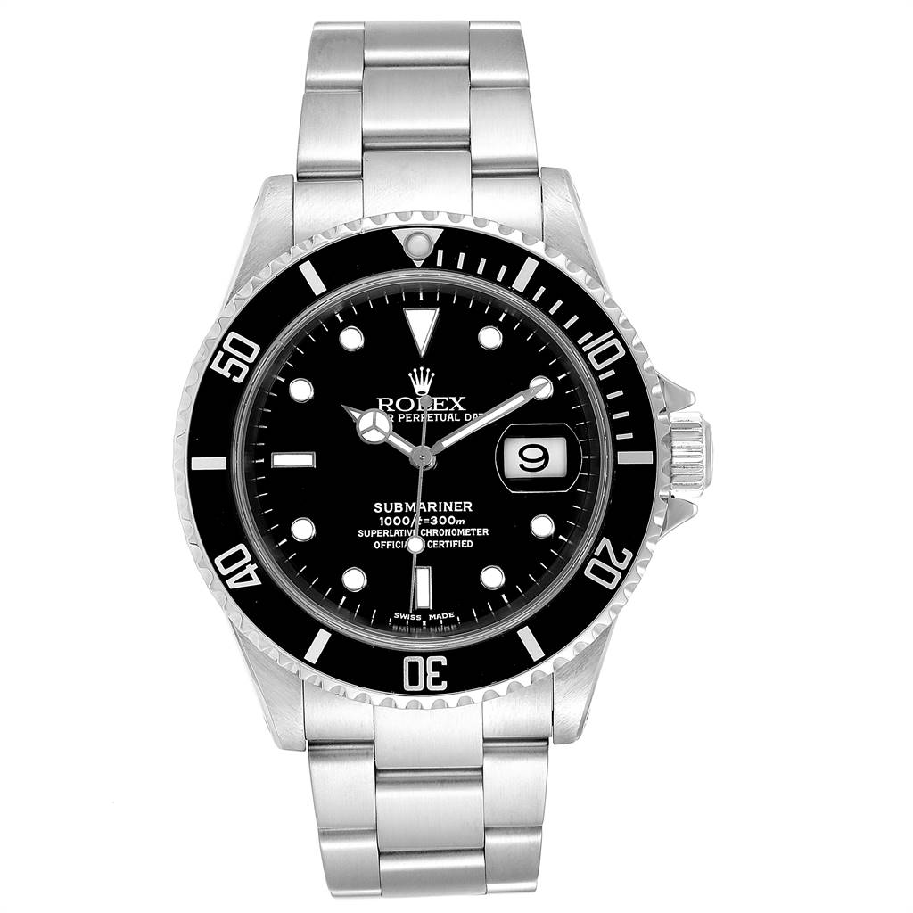 The image shows a front view of the Rolex Submariner 16610 Men
s Stainless Steel Black Dial 16610 Men
s Stainless Steel Black Dial, highlighting the dial, bezel, and bracelet.