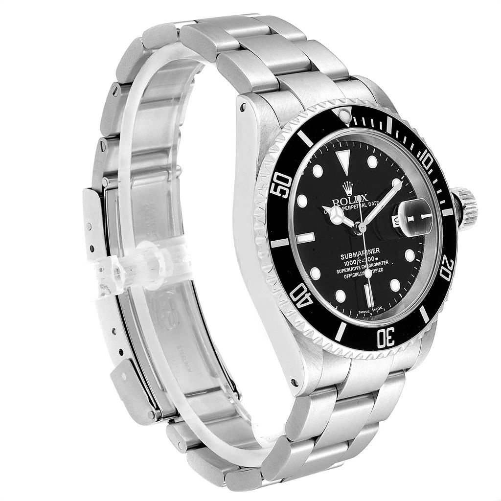 The image shows a side-angle view of a Rolex Submariner 16610 Men
s Stainless Steel Black Dial 16610 Men
s Stainless Steel Black Dial, highlighting its black dial, bezel, and stainless steel bracelet.