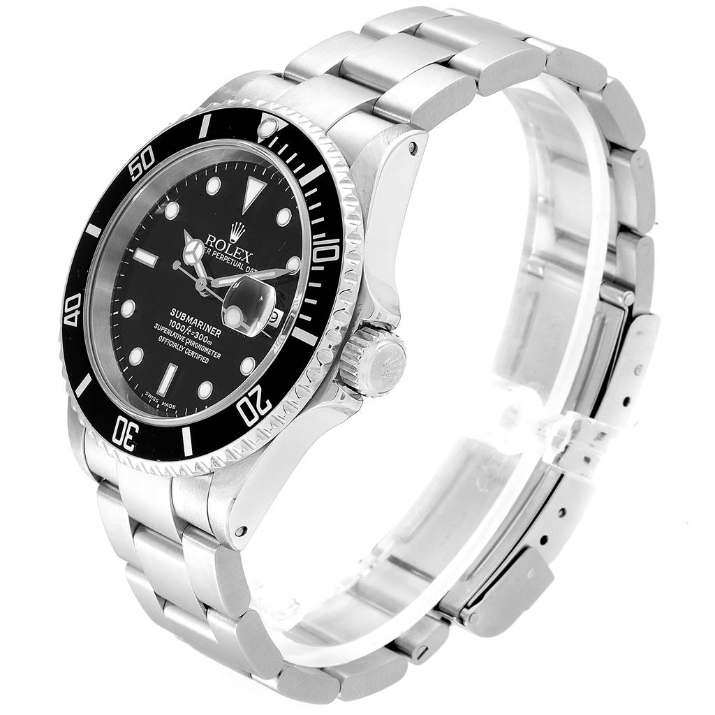 The image shows a Rolex Submariner 16610 Men
s Stainless Steel Black Dial 16610 Men
s Stainless Steel Black Dial watch from a three-quarter angle, highlighting its black dial, bezel, crown, and stainless steel bracelet.