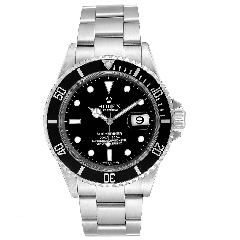 This image shows a front view of a Rolex Submariner 16610 Men
s Stainless Steel Black Dial 16610 Men
s Stainless Steel Black Dial watch, displaying its dial, bezel, bracelet, and crown.