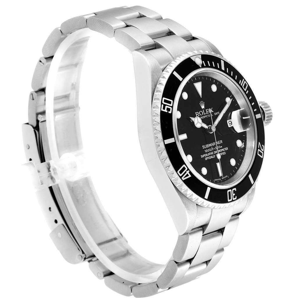 The image shows a side angle view of a Rolex Submariner 16610 Men
s Stainless Steel Black Dial 16610 Men
s Stainless Steel Black Dial, displaying the bracelet, case, bezel, and dial.