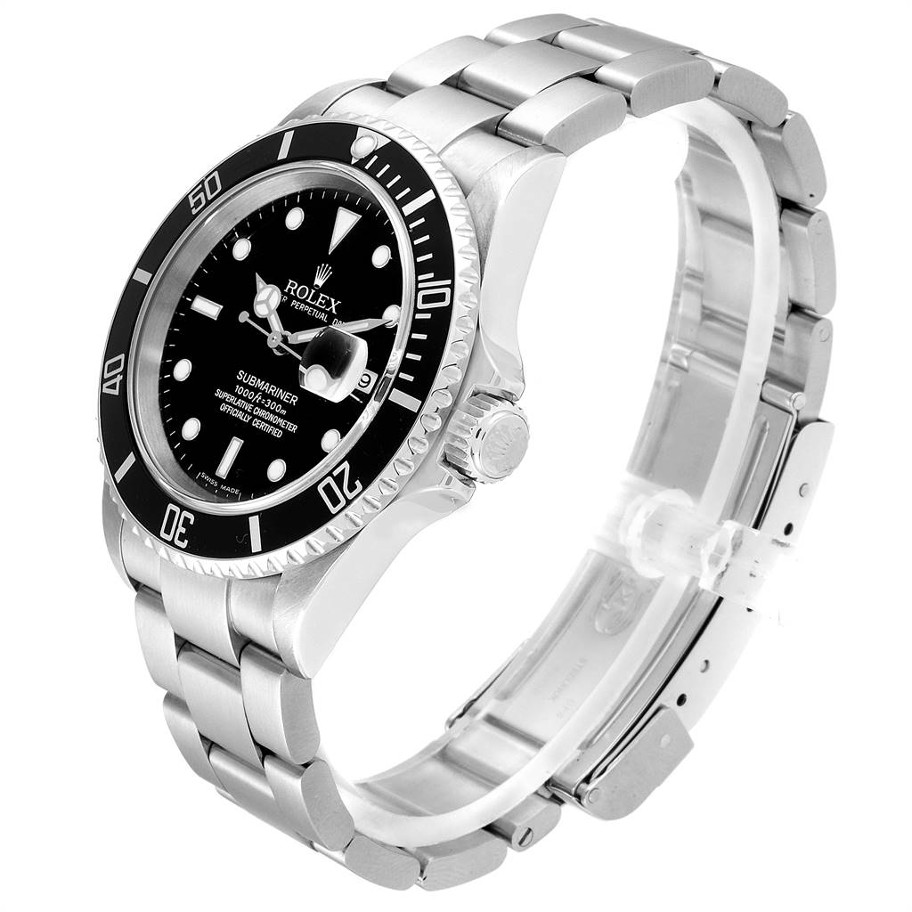 The Rolex Submariner 16610 Men
s Stainless Steel Black Dial 16610 Men
s Stainless Steel Black Dial watch is shown at a three-quarter angle, highlighting its dial, bezel, crown, and bracelet.