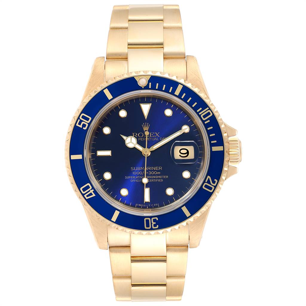 This Rolex Submariner 16618 Men's Yellow Gold Blue Dial 16618 Men's Yellow Gold Blue Dial watch is shown from the front, highlighting the dial, bezel, case, bracelet, and date window.