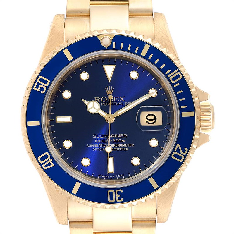 Rolex Submariner Yellow Gold Purple Blue Dial 40mm Mens Watch 16618 SwissWatchExpo