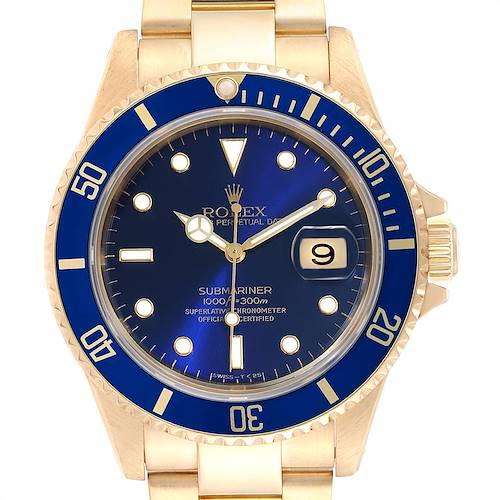 Photo of Rolex Submariner Yellow Gold Purple Blue Dial 40mm Mens Watch 16618