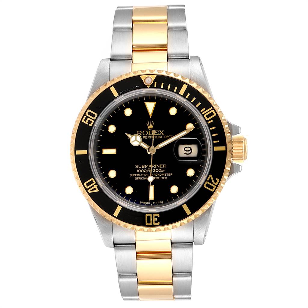 The image shows a front view of a Rolex Submariner 16803 Men
s Steel and Gold (two tone) Black Dial 16803 Men
s Steel and Gold (two tone) Black Dial, displaying its two-tone bracelet, black dial, and date window.