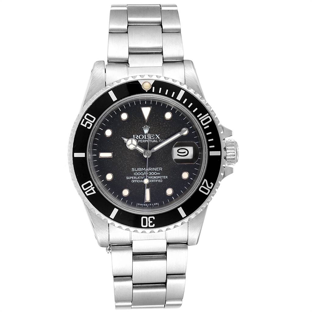 This is a frontal view of the Rolex Submariner 16800 Men
s Stainless Steel Black Dial 16800 Men
s Stainless Steel Black Dial watch, showing the dial, bezel, and bracelet.