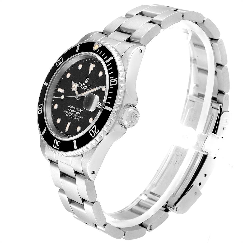 The Rolex Submariner 16800 Men
s Stainless Steel Black Dial 16800 Men
s Stainless Steel Black Dial is shown at an angle from the side, displaying the face, bezel, crown, and bracelet.