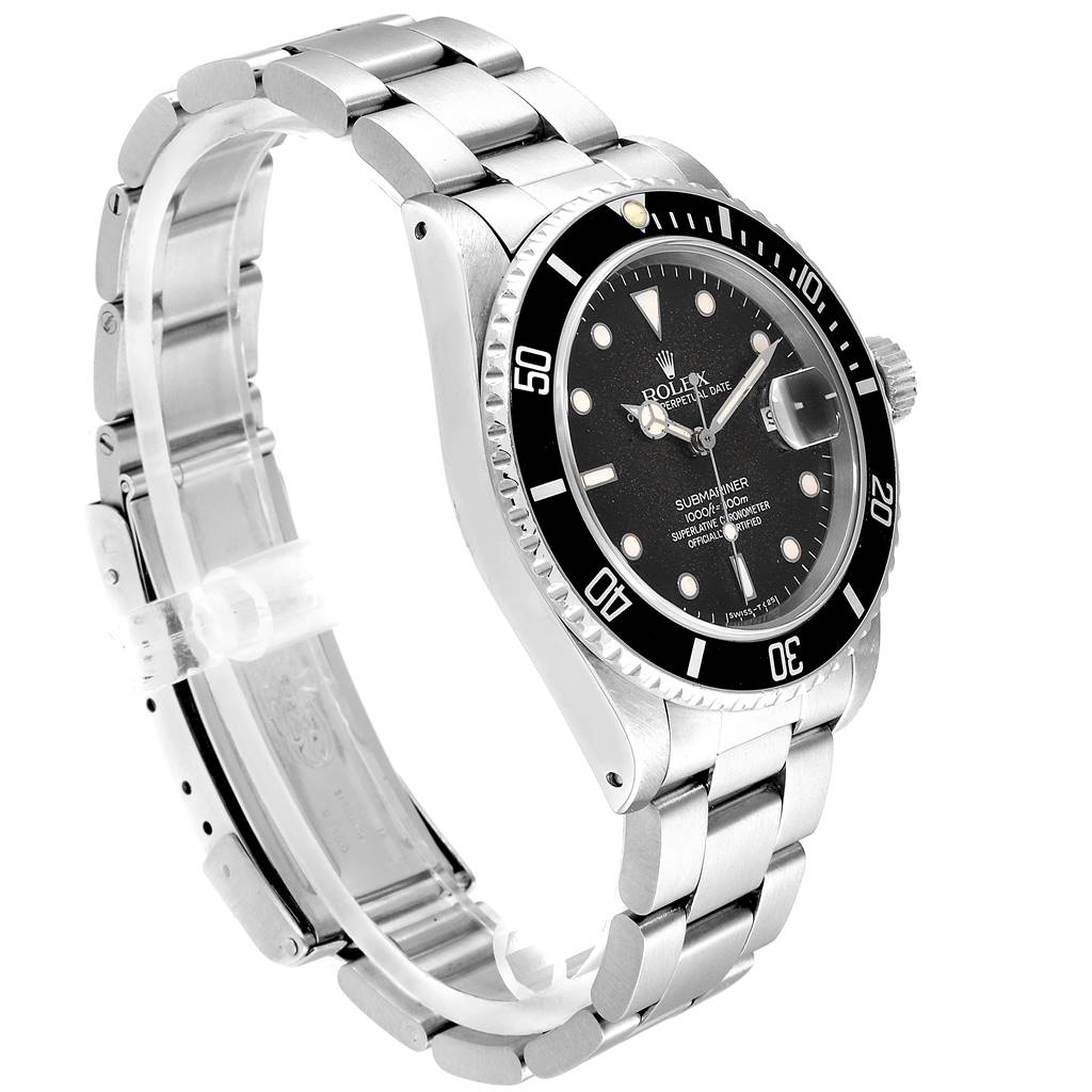 The image shows a Rolex Submariner 16800 Men
s Stainless Steel Black Dial 16800 Men
s Stainless Steel Black Dial watch at a three-quarter side angle, highlighting the face, bezel, and bracelet.