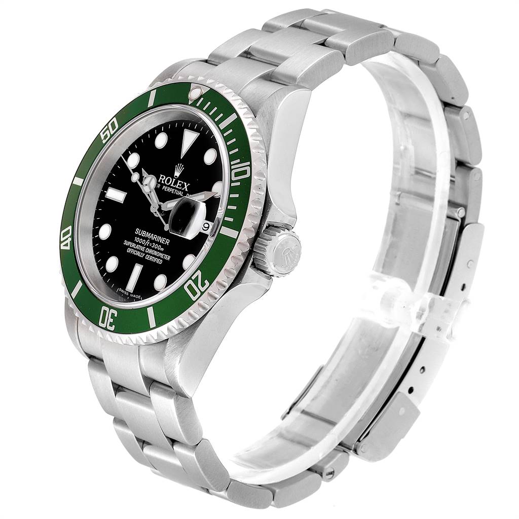 This image shows a side-angle view of the Rolex Submariner 16610LV Men
s Stainless Steel Black Dial 16610LV Men
s Stainless Steel Black Dial watch, showcasing the face, bezel, case, and bracelet.