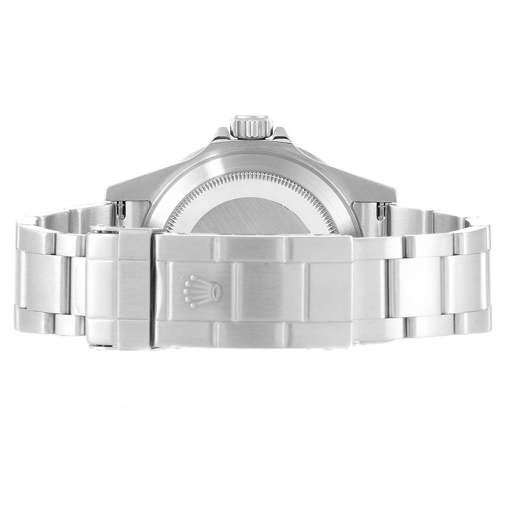 This image shows the back view of the Rolex Submariner 16610LV Men
s Stainless Steel Black Dial 16610LV Men
s Stainless Steel Black Dial watch, highlighting its clasp and bracelet.