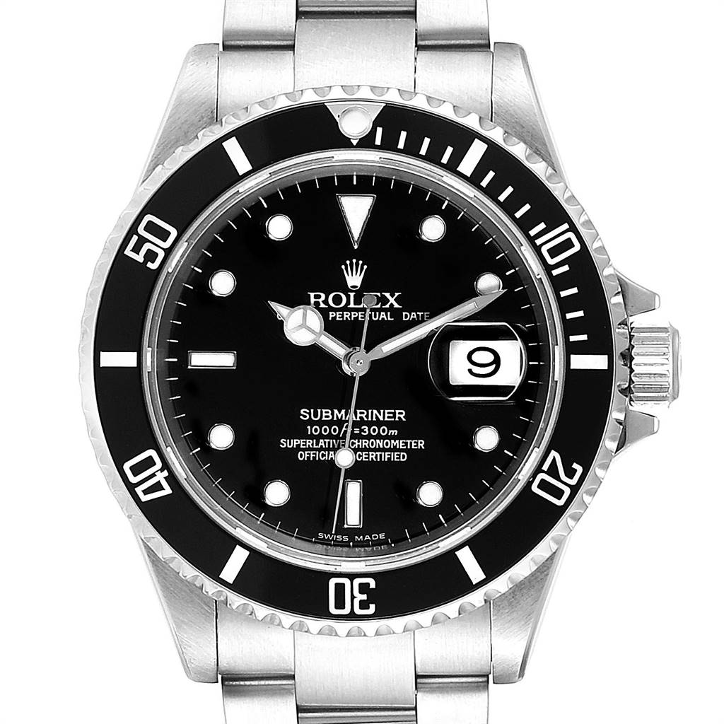 The image shows a frontal view of a Rolex Submariner 16610 Men
s Stainless Steel Black Dial 16610 Men
s Stainless Steel Black Dial watch, featuring its dial, bezel, crown, and a portion of the bracelet.