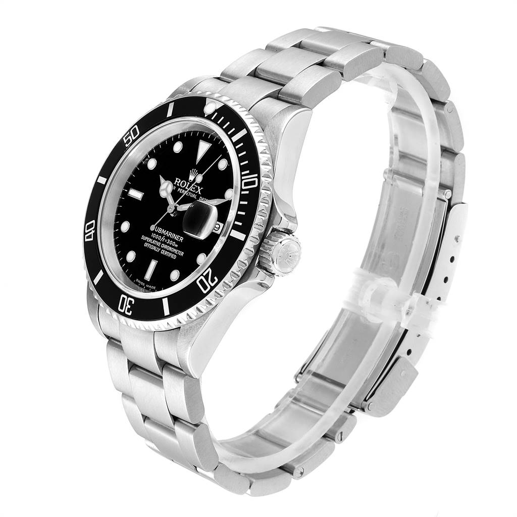 The image shows a Rolex Submariner 16610 Men
s Stainless Steel Black Dial 16610 Men
s Stainless Steel Black Dial watch from an angled side view, displaying the face, bezel, and metal bracelet.