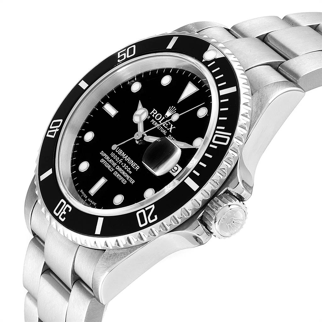 The image shows a Rolex Submariner 16610 Men
s Stainless Steel Black Dial 16610 Men
s Stainless Steel Black Dial watch from a three-quarter angle highlighting its dial, bezel, crown, and bracelet.
