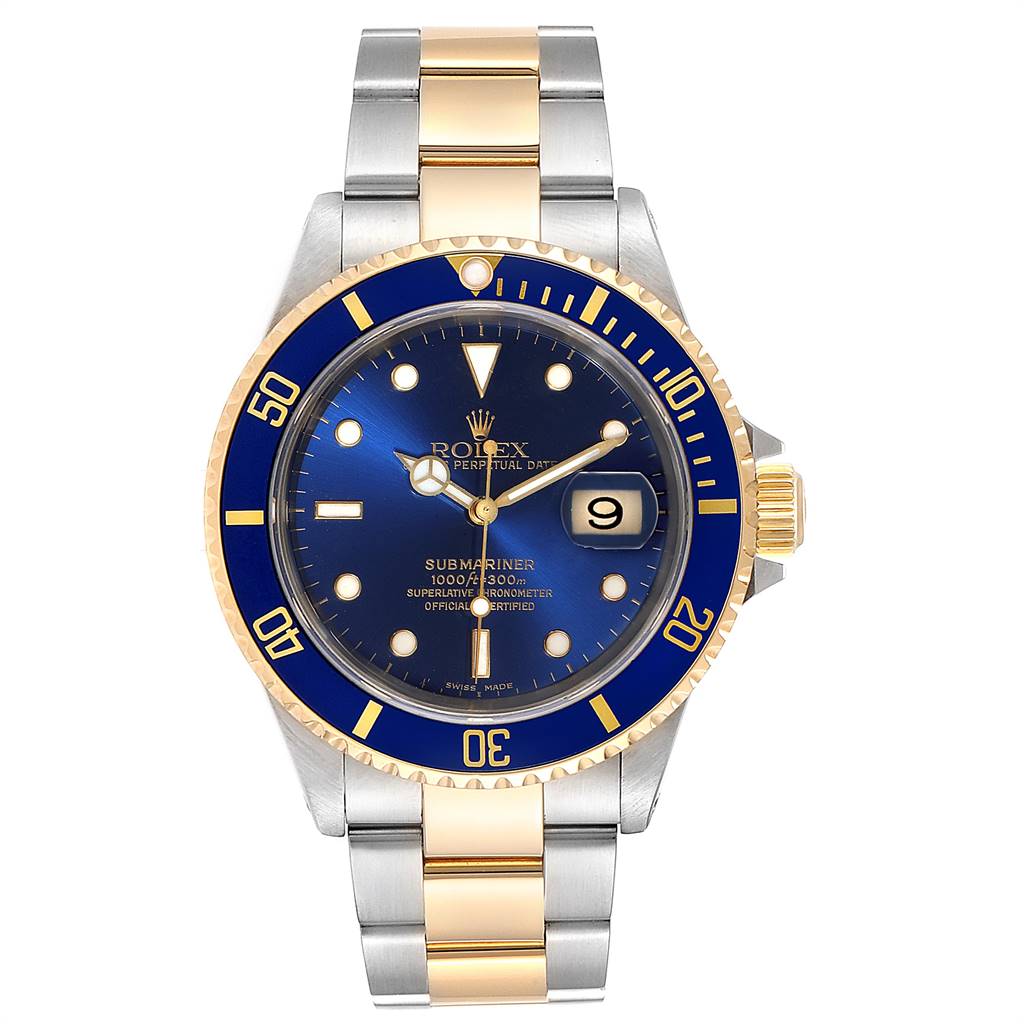 The image shows a front view of a Rolex Submariner 16613 Men
s Steel and Gold (two tone) Blue Dial 16613 Men
s Steel and Gold (two tone) Blue Dial watch with a gold and stainless steel bracelet and a blue bezel and dial.