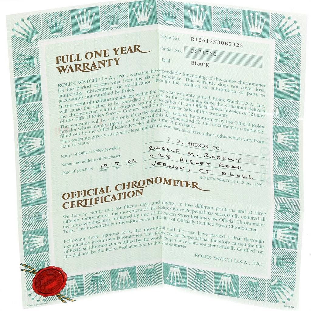 This image shows the warranty card and official chronometer certification for the Rolex Submariner 16613 Men's Steel and Gold (two tone) Black Dial 16613 Men's Steel and Gold (two tone) Black Dial model.