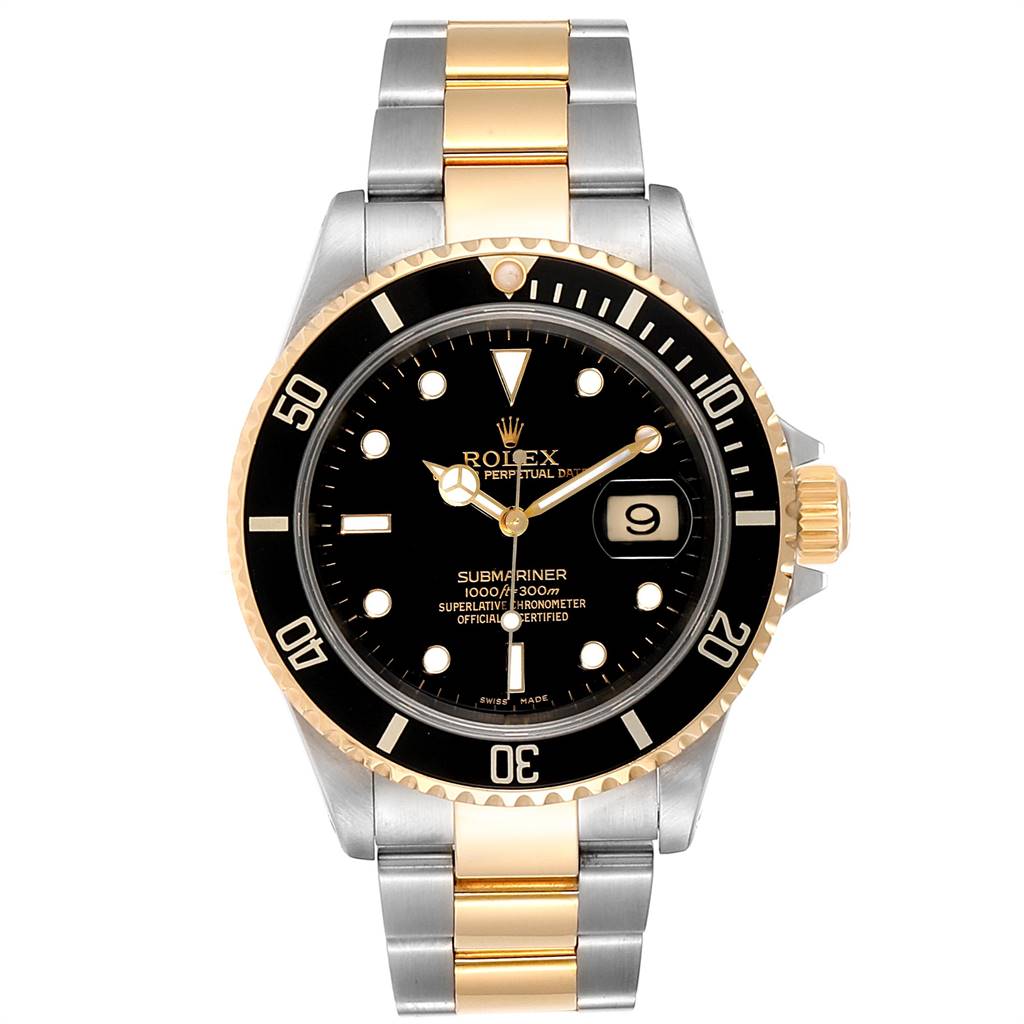 The Rolex Submariner 16613 Men's Steel and Gold (two tone) Black Dial 16613 Men's Steel and Gold (two tone) Black Dial watch is shown from a front angle, highlighting the dial, bezel, and two-tone bracelet.