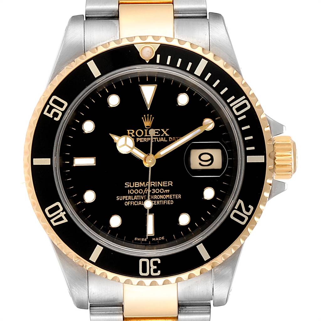 The image shows a Rolex Submariner 16613 Men's Steel and Gold (two tone) Black Dial 16613 Men's Steel and Gold (two tone) Black Dial watch from a front angle, highlighting its bezel, dial, hands, and bracelet.