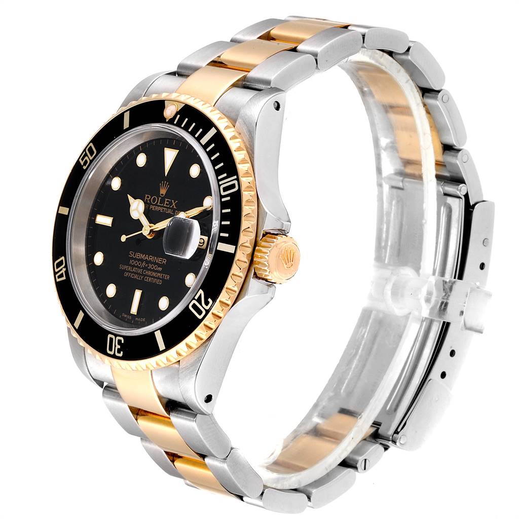 The image shows a side view of a Rolex Submariner 16613 Men's Steel and Gold (two tone) Black Dial 16613 Men's Steel and Gold (two tone) Black Dial watch, highlighting the bezel, crown, dial, bracelet, and clasp.