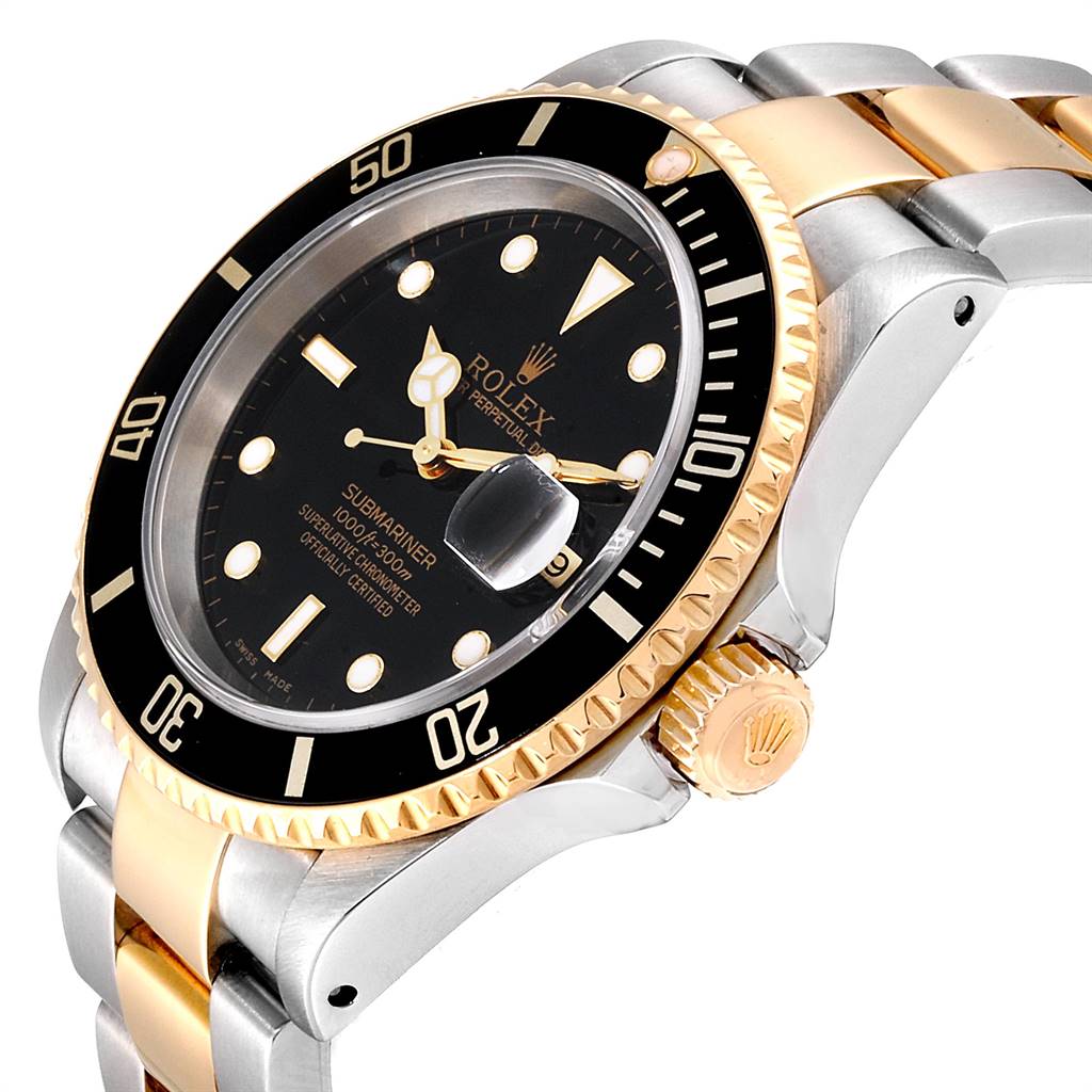 This image shows a Rolex Submariner 16613 Men's Steel and Gold (two tone) Black Dial 16613 Men's Steel and Gold (two tone) Black Dial watch from an angled side view, highlighting the bezel, dial, and bracelet.