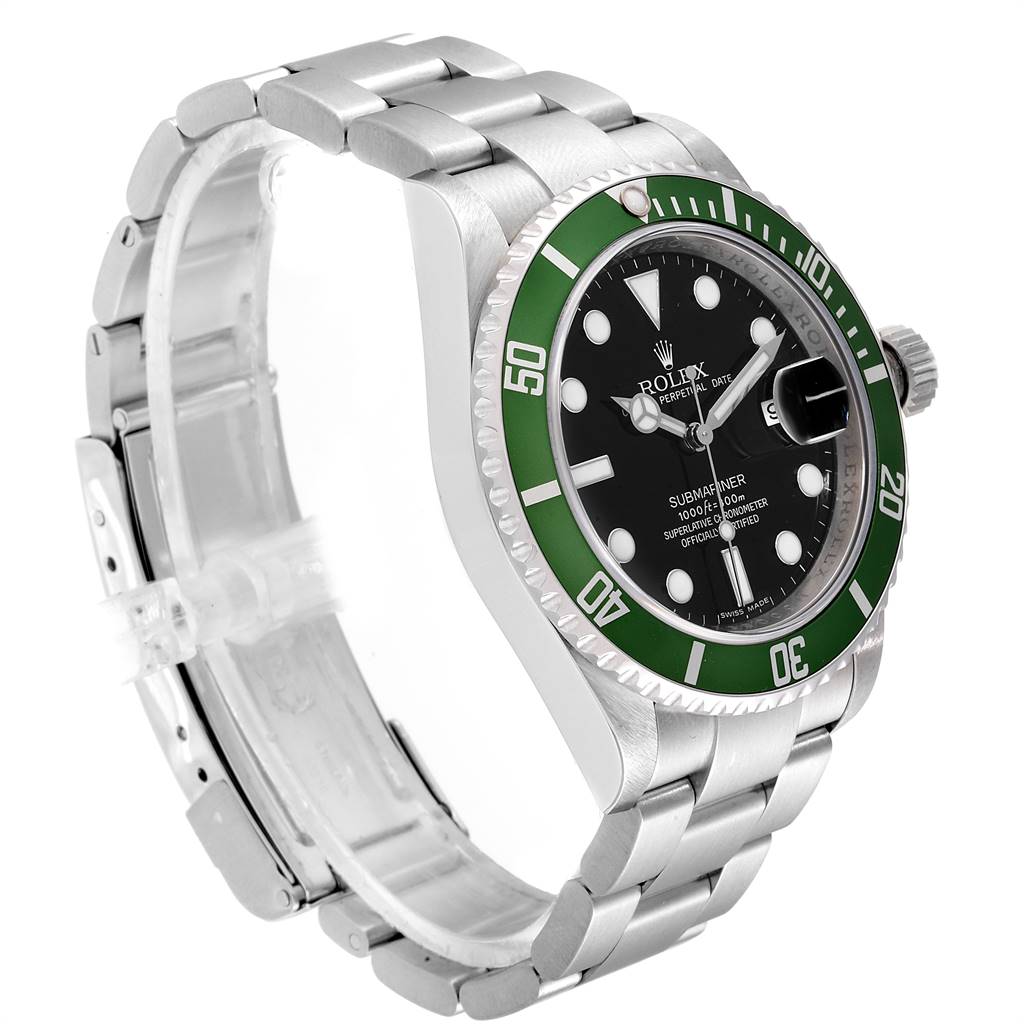 The image shows a side angle of a Rolex Submariner 16610LV Men's Stainless Steel Black Dial 16610LV Men's Stainless Steel Black Dial watch, highlighting the stainless steel bracelet, black dial, and green bezel.