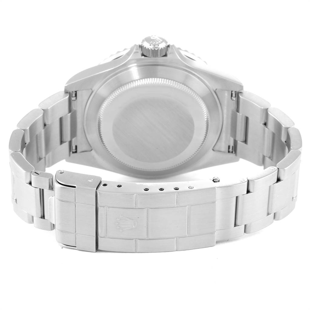 The image shows the back view of a Rolex Submariner 16610LV Men's Stainless Steel Black Dial 16610LV Men's Stainless Steel Black Dial watch, highlighting its case back and bracelet with the clasp.