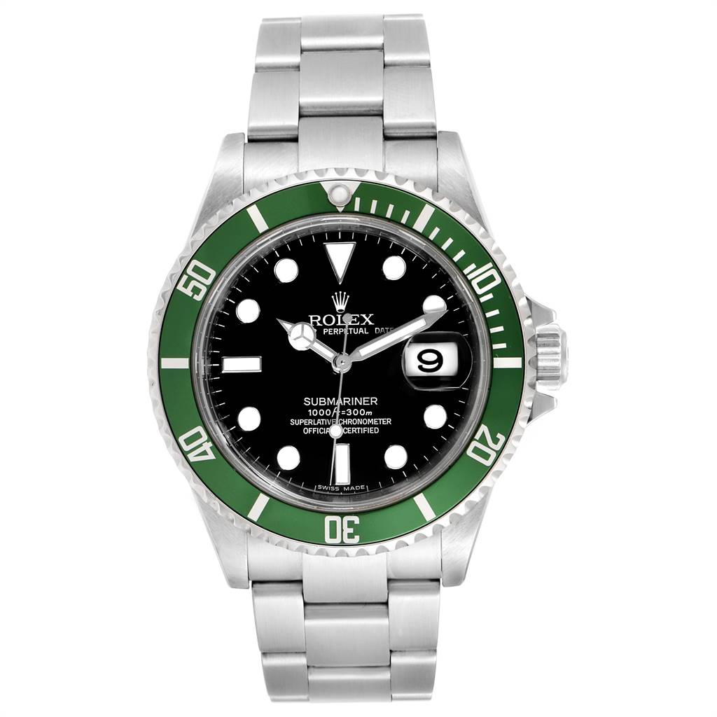 This Rolex Submariner 16610LV Men's Stainless Steel Black Dial 16610LV Men's Stainless Steel Black Dial watch is shown from a top-down angle, displaying the face, bezel, bracelet, and crown.