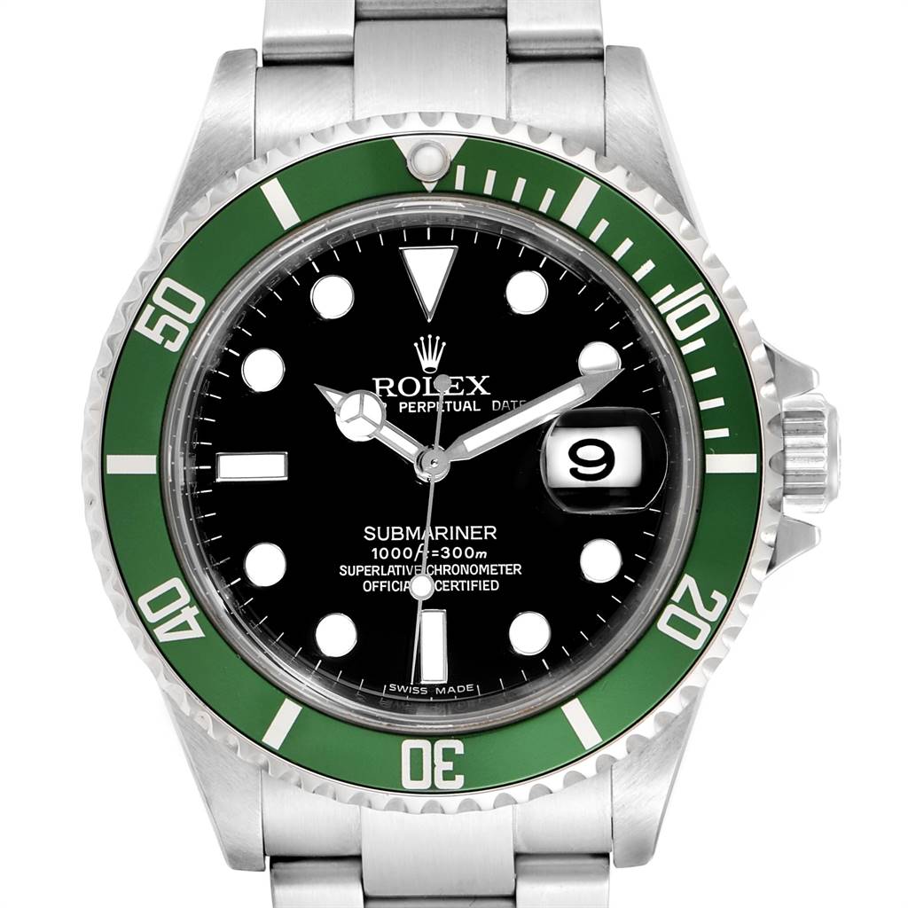 This Rolex Submariner 16610LV Men's Stainless Steel Black Dial 16610LV Men's Stainless Steel Black Dial watch is shown from a front angle, featuring its green bezel, black dial, and bracelet.