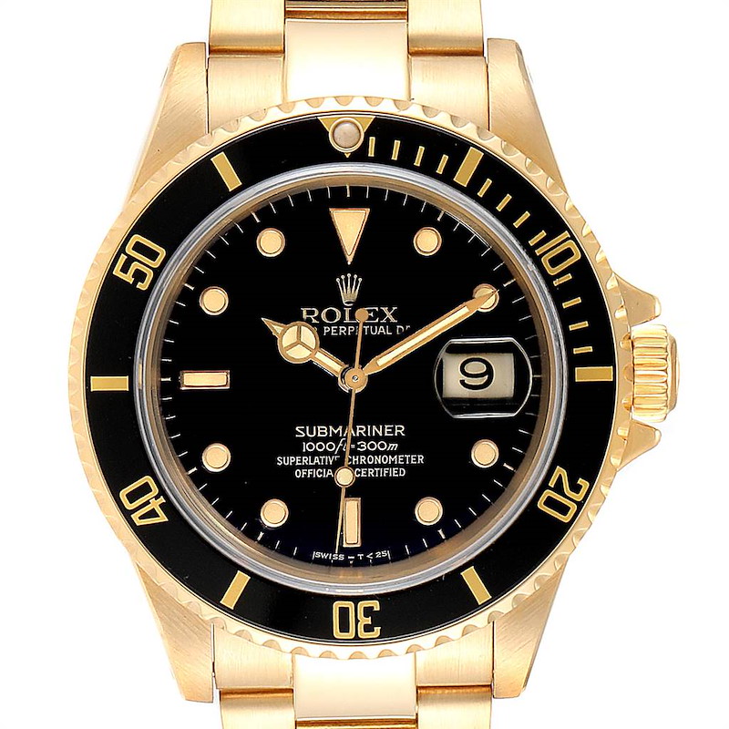 Rolex Submariner Yellow Gold Black Dial Bezel Mens Watch 16618 SwissWatchExpo