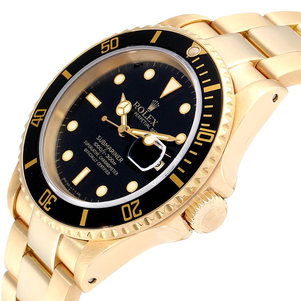 This image shows a close-up of the Rolex Submariner 16618 Men
s Yellow Gold Black Dial 16618 Men
s Yellow Gold Black Dial watch at an angled view, highlighting the bezel, crown, and bracelet.