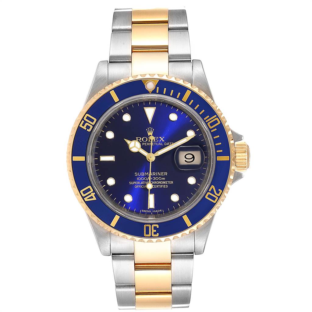 The image shows a front view of a Rolex Submariner 16613 Men
s Steel and Gold (two tone) Blue Dial 16613 Men
s Steel and Gold (two tone) Blue Dial watch displaying the dial, bezel, case, and bracelet.