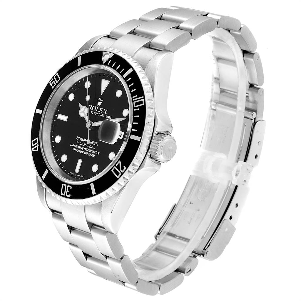 The image shows a Rolex Submariner 16610 Men
s Stainless Steel Black Dial 16610 Men
s Stainless Steel Black Dial watch at a three-quarter angle, highlighting the dial, bezel, and bracelet.