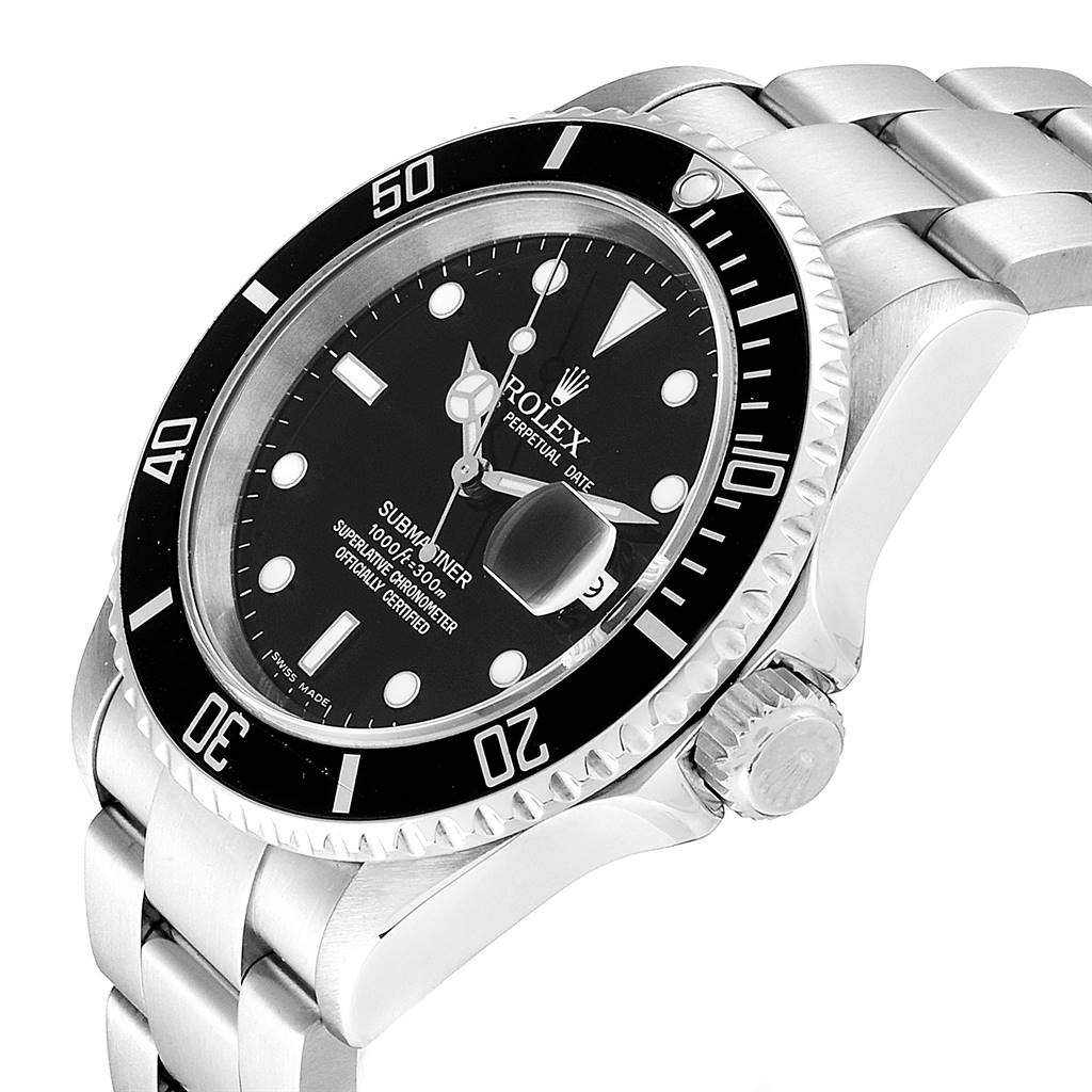 The image shows a Rolex Submariner 16610 Men
s Stainless Steel Black Dial 16610 Men
s Stainless Steel Black Dial watch at a side angle, highlighting its face, bezel, and partial bracelet.