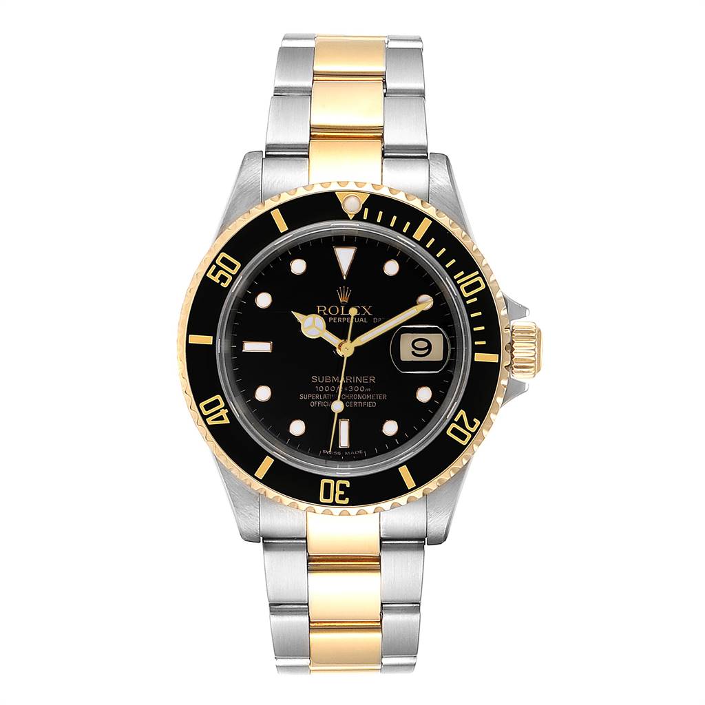 The Rolex Submariner 16613 Men's Steel and Gold (two tone) Black Dial 16613 Men's Steel and Gold (two tone) Black Dial watch is shown from the front, displaying its face, bezel, and two-tone bracelet.