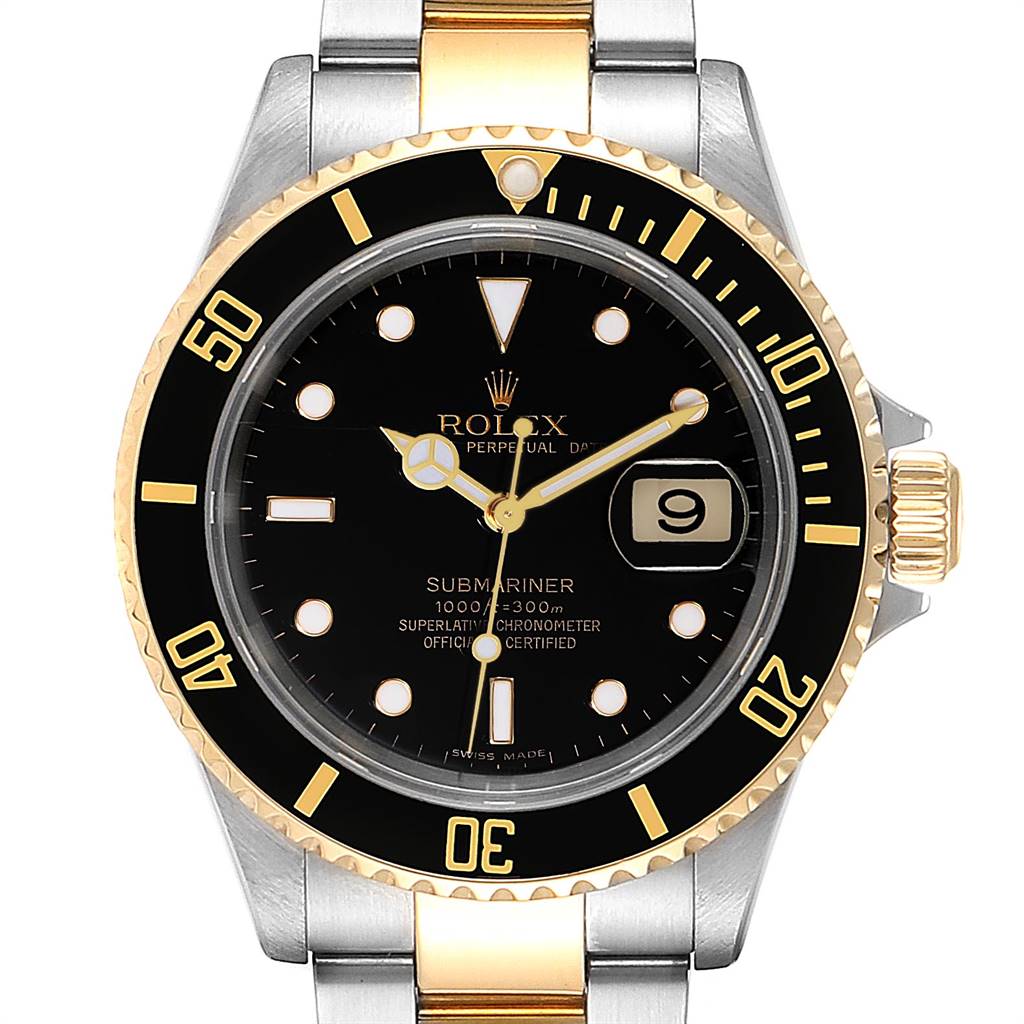 The image shows a front view of a Rolex Submariner 16613 Men's Steel and Gold (two tone) Black Dial 16613 Men's Steel and Gold (two tone) Black Dial watch with a black dial, gold accents, and a date window at 3 o'clock.