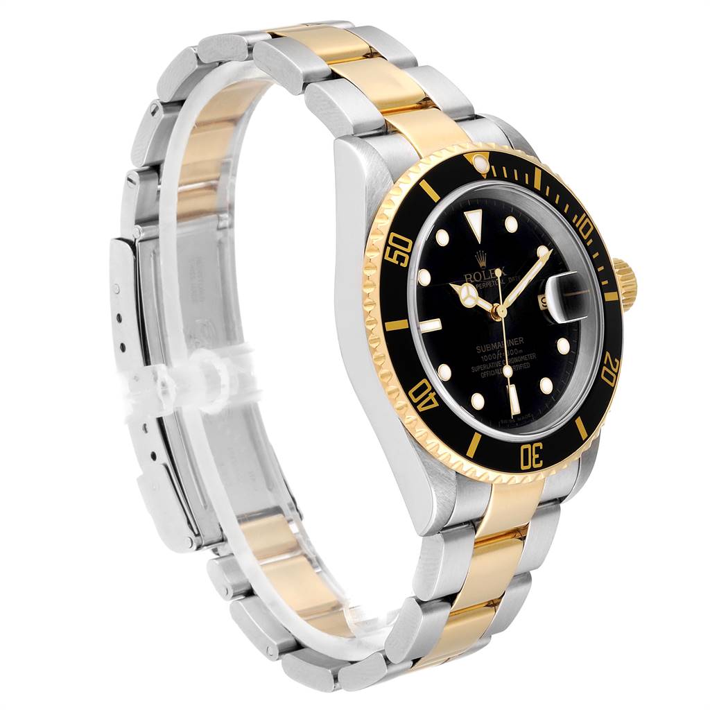 This image shows a side angle of a Rolex Submariner 16613 Men's Steel and Gold (two tone) Black Dial 16613 Men's Steel and Gold (two tone) Black Dial, highlighting its bezel, dial, and two-tone bracelet.