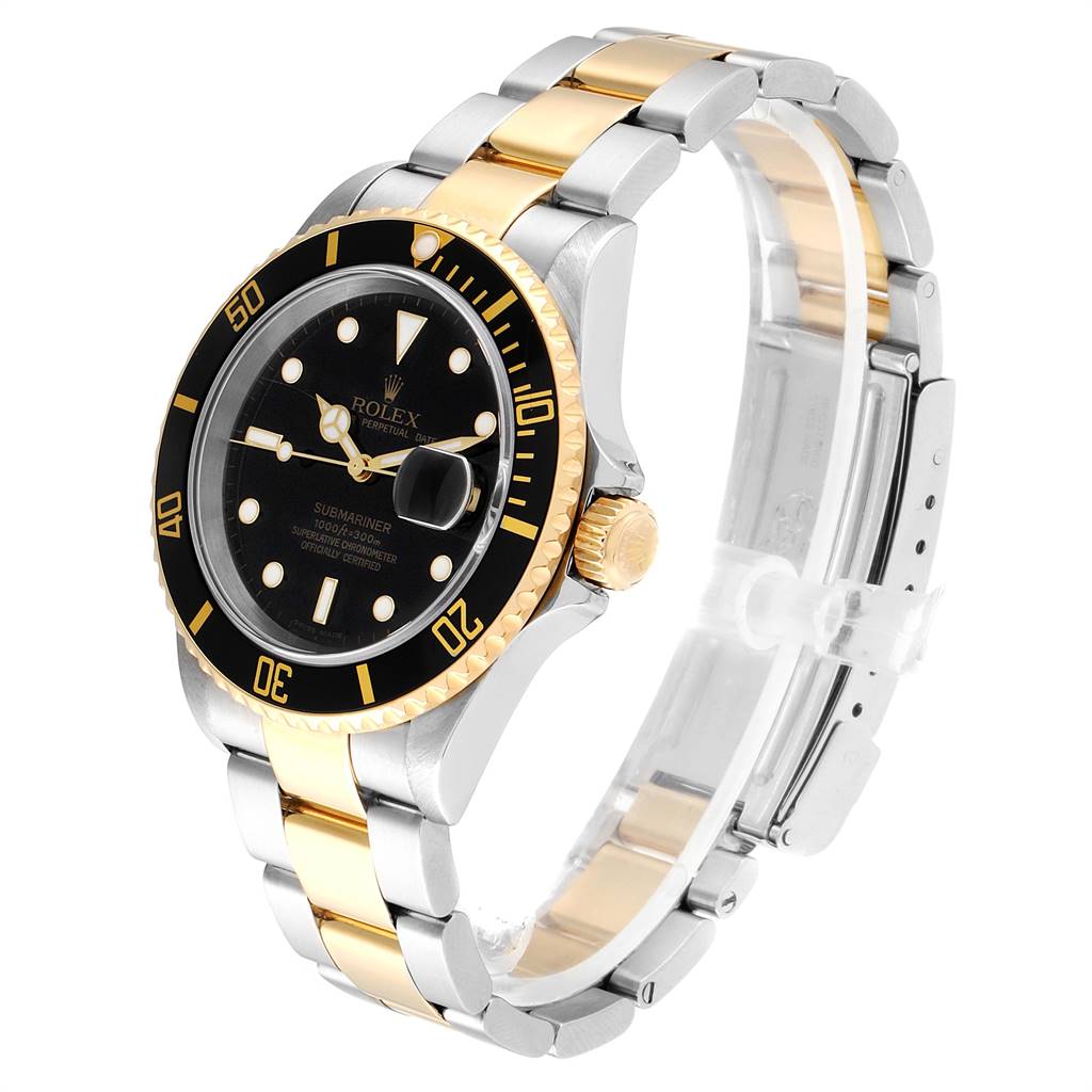 This image shows a side view of a Rolex Submariner 16613 Men's Steel and Gold (two tone) Black Dial 16613 Men's Steel and Gold (two tone) Black Dial watch, focusing on its dial, bezel, case, and two-tone bracelet.