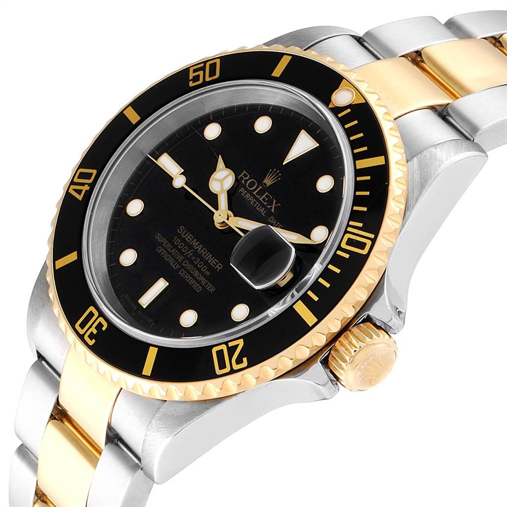 The Rolex Submariner 16613 Men's Steel and Gold (two tone) Black Dial 16613 Men's Steel and Gold (two tone) Black Dial watch is shown at a slight angle displaying the dial, bezel, and bracelet.