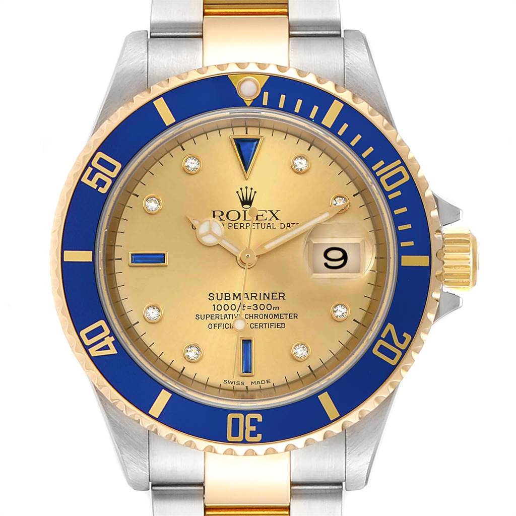Rolex Submariner Steel Gold Diamond Sapphire Serti Dial Mens Watch ...