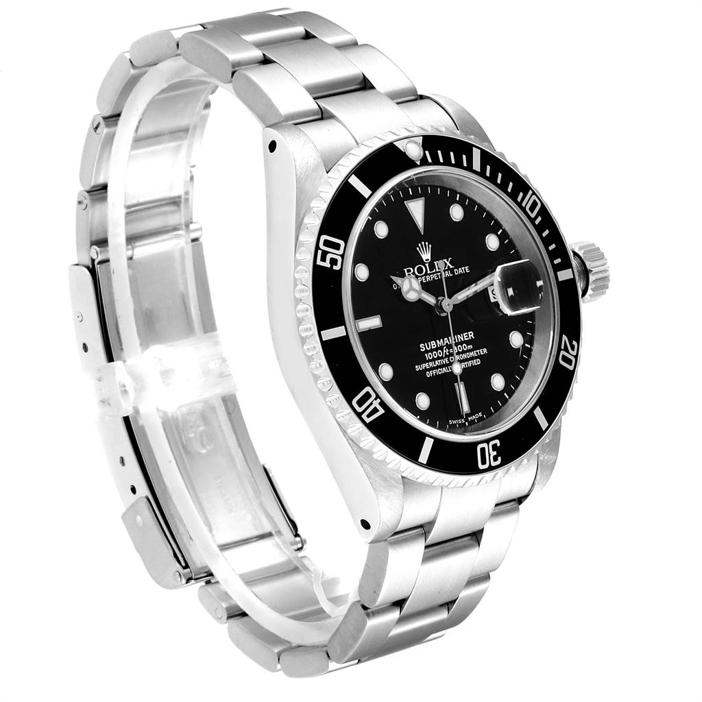 The Rolex Submariner 16610 Men
s Stainless Steel Black Dial 16610 Men
s Stainless Steel Black Dial watch is shown at an angled side view, highlighting its face, bezel, and bracelet.