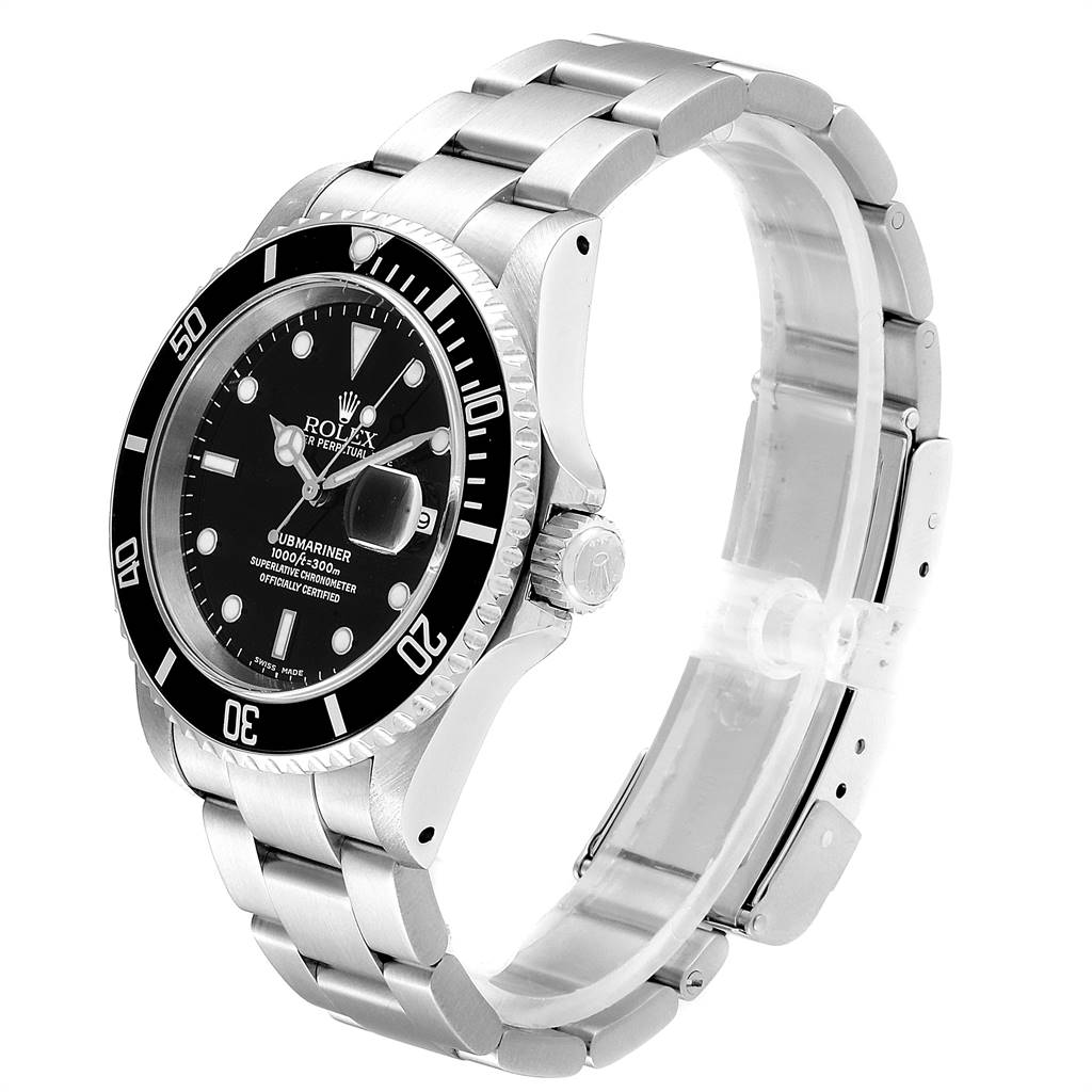 The image shows a Rolex Submariner 16610 Men
s Stainless Steel Black Dial 16610 Men
s Stainless Steel Black Dial watch at a side angle, highlighting the black bezel, dial, and stainless steel bracelet.
