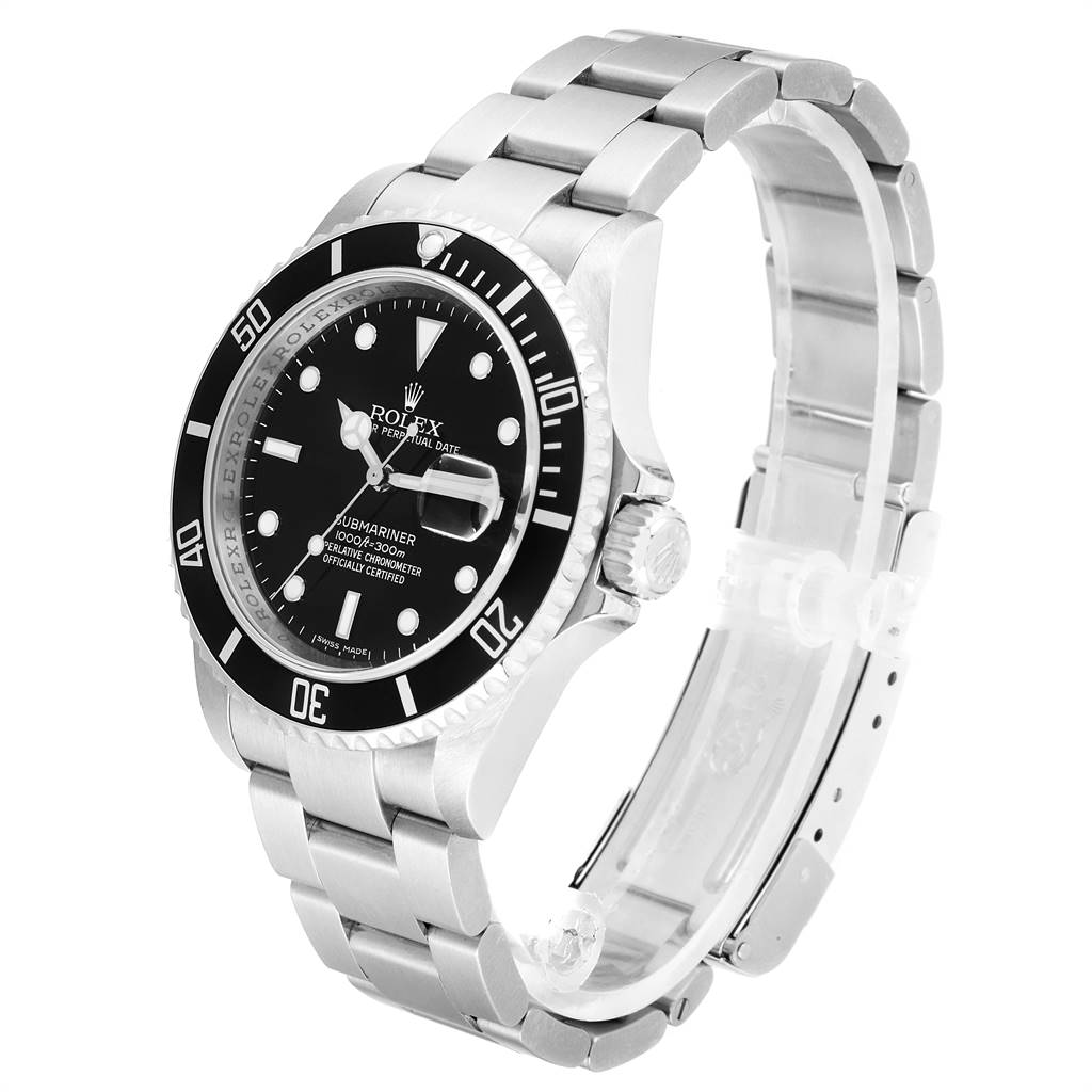This image displays a Rolex Submariner 16610 Men
s Stainless Steel Black Dial 16610 Men
s Stainless Steel Black Dial watch at a three-quarter angle, showcasing its face, bezel, case, and bracelet.