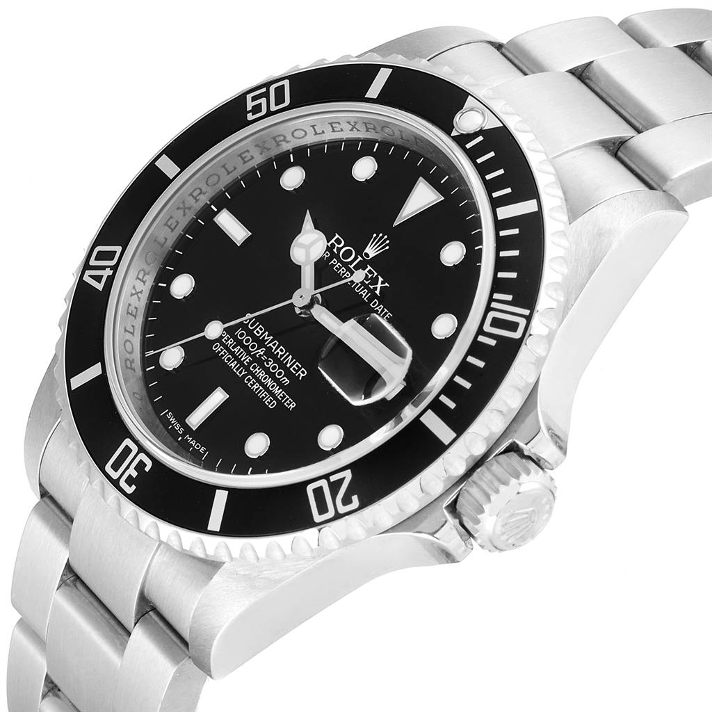 The image shows a close-up angled view of the Rolex Submariner 16610 Men
s Stainless Steel Black Dial 16610 Men
s Stainless Steel Black Dial
s face, bezel, and stainless steel bracelet.