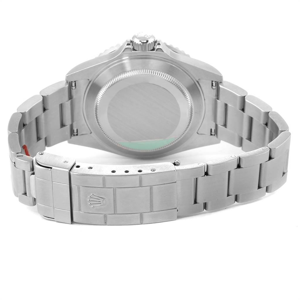 The image shows the back view of a Rolex Submariner 16610 Men
s Stainless Steel Black Dial 16610 Men
s Stainless Steel Black Dial watch, highlighting its case back and metal bracelet clasp.