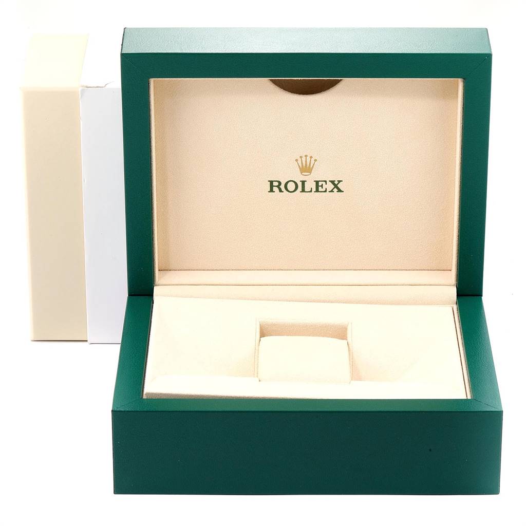 This image shows an open Rolex Submariner 116613 Men
s Steel and Gold (two tone) Blue Dial 116613 Men
s Steel and Gold (two tone) Blue Dial model watch box from a front angle.