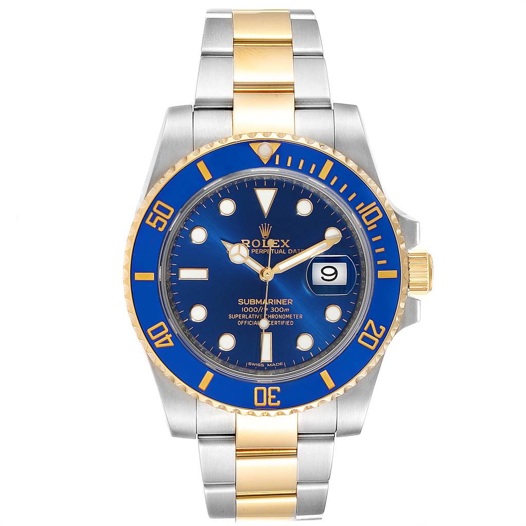 This image shows the front view of a Rolex Submariner 116613 Men
s Steel and Gold (two tone) Blue Dial 116613 Men
s Steel and Gold (two tone) Blue Dial watch, highlighting its blue dial, bezel, and two-tone band.