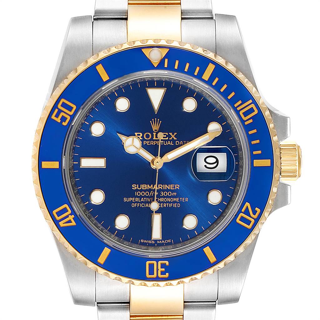 The image shows a Rolex Submariner 116613 Men
s Steel and Gold (two tone) Blue Dial 116613 Men
s Steel and Gold (two tone) Blue Dial watch face-on, highlighting the blue dial, bezel, and stainless steel and gold bracelet.